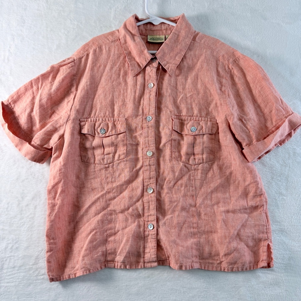 St. John's Bay Shirt Button Down Short Sleeve Coral Pink 100% Linen PM